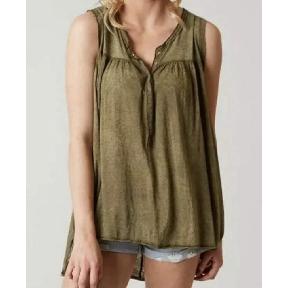 We The Free People Hudson Henley Tank Top Distressed Raw Hem Green Large - Picture 2 of 10